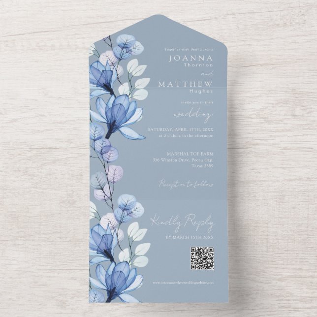 Invitación Todo En Uno Boda de código QR de monograma azul turbio (Interior)