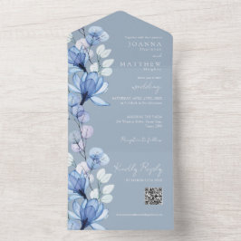 Invitación Todo En Uno Boda de código QR de monograma azul turbio