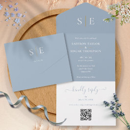 Invitación Todo En Uno Boda De Código QR De Monograma Azul Y Oro Dusto