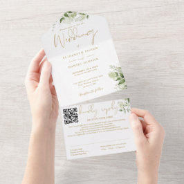Invitación Todo En Uno Boda de código QR de monograma dorado