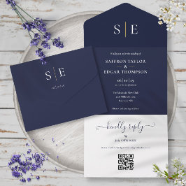 Invitación Todo En Uno Boda de código QR de monograma dorado y azul marin