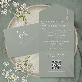 Invitación Todo En Uno Boda de código QR de monograma minimalista verde s