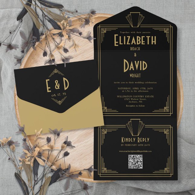 Invitación Todo En Uno Boda de código QR de monograma negro y dorado Art  (Black And Gold Art Deco Monogram QR Code Wedding All In One Invitation)