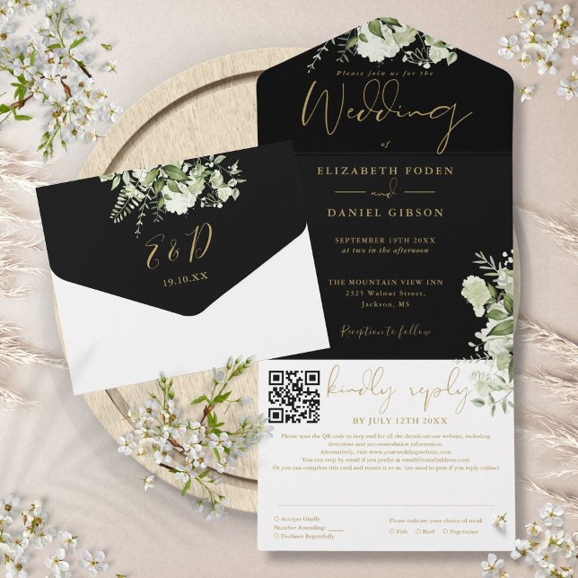 Invitación Todo En Uno Boda de código QR de monograma negro y oro (Black And Gold Greenery Monogram QR Code Wedding All In One Invitation)