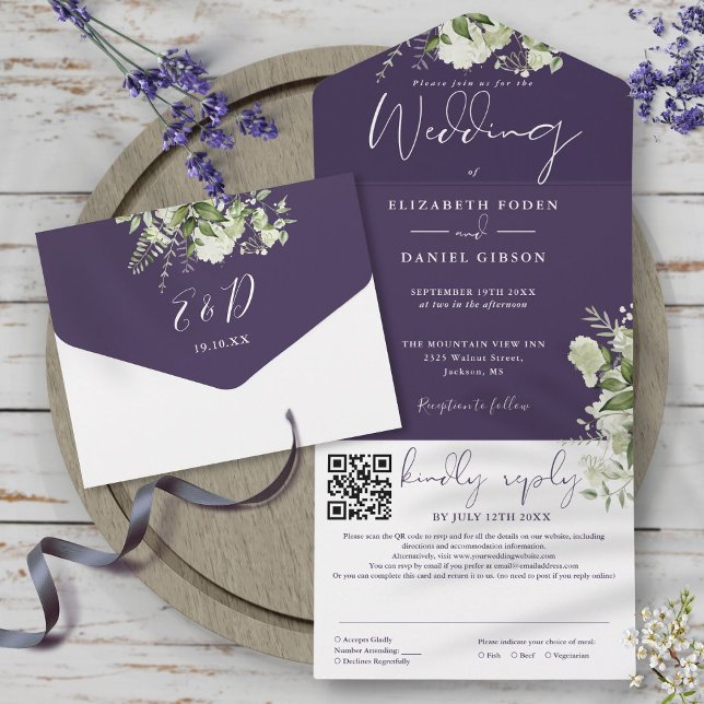 Invitación Todo En Uno Boda de código QR de monograma púrpura (Purple Greenery Monogram QR Code Wedding All In One Invitation)