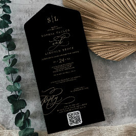 Invitación Todo En Uno Boda de código QR de Monograma Romántico Oro y Neg