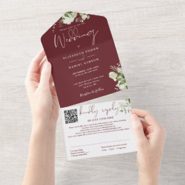 Invitación Todo En Uno Boda de código QR de monograma verde rosa de palis