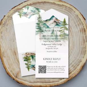 Invitación Todo En Uno Boda de código QR de Montaña y Pinos al Aire Libre