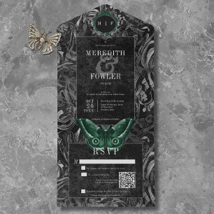 Invitación Todo En Uno Boda de código QR de Moth de filigrí verde gótico