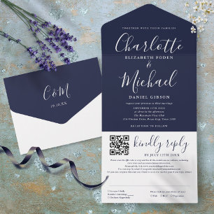Invitación Todo En Uno Boda de código QR de Navy Blue Elegant