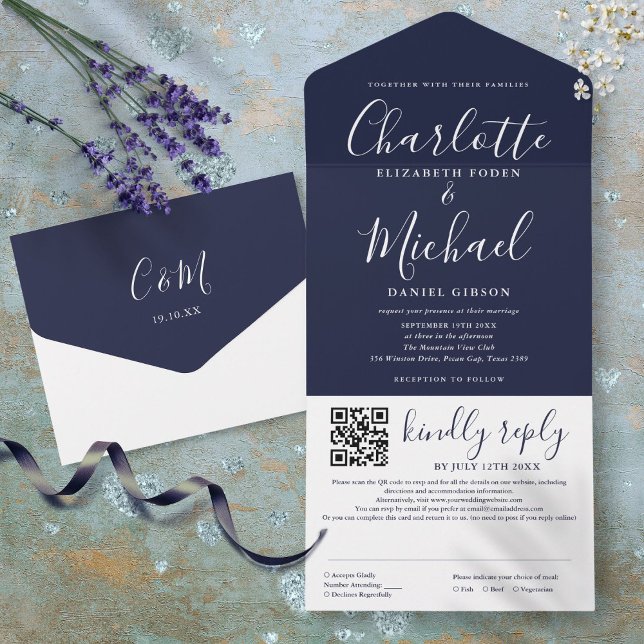 Invitación Todo En Uno Boda de código QR de Navy Blue Elegant (Navy Blue Elegant Modern Script QR Code Wedding All In One Invitation)