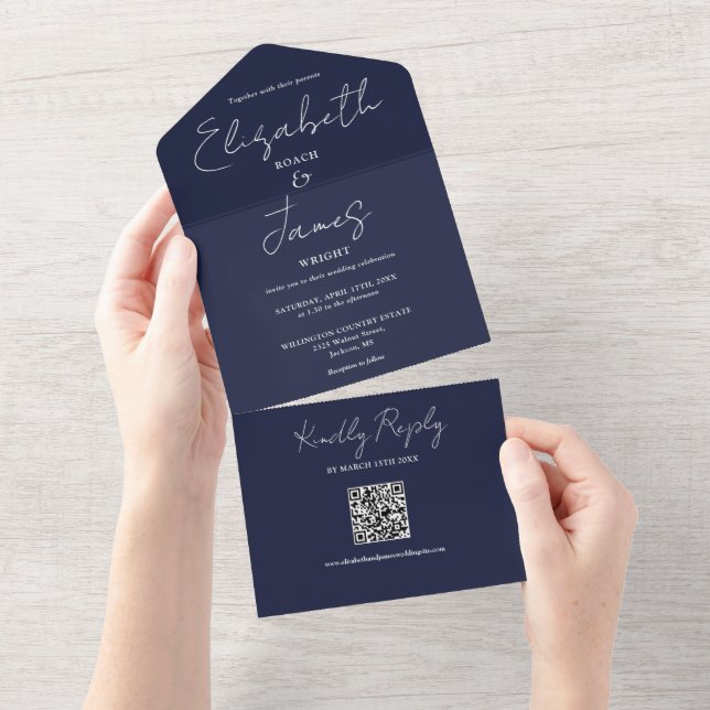 Invitación Todo En Uno Boda de código QR de Navy Blue Elegant Script (desgarro)