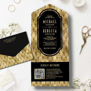 Invitación Todo En Uno Boda de código QR de oro negro vintage Art Deco