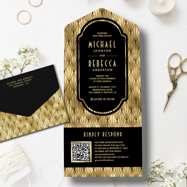 Invitación Todo En Uno Boda de código QR de oro negro vintage Art Deco (Subido por el creador)