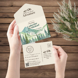 Invitación Todo En Uno Boda de código QR de Pine Forest Mountain Adventur