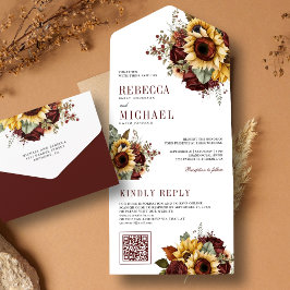 Invitación Todo En Uno Boda de código QR de Sunflowers Burgundy Floral