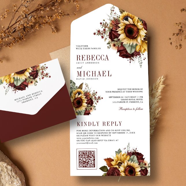 Invitación Todo En Uno Boda de código QR de Sunflowers Burgundy Floral (Subido por el creador)