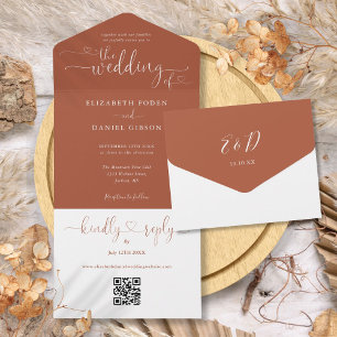 Invitación Todo En Uno Boda de código QR de Terracotta Corazones de scrip