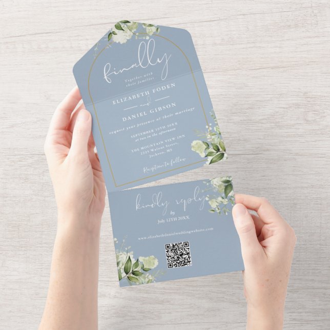 Invitación Todo En Uno Boda de código QR de verde arco azul polvoriento (desgarro)