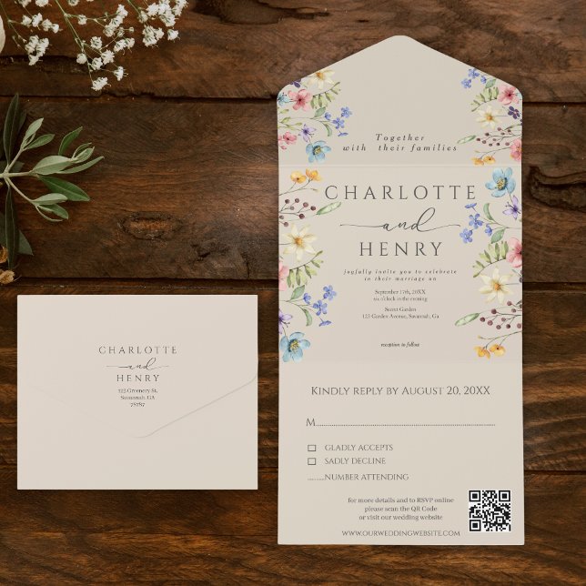 Invitación Todo En Uno Boda de código QR de Wildflowers Garden Simple (Subido por el creador)