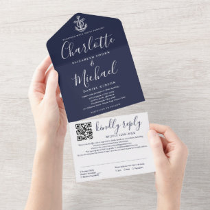 Invitación Todo En Uno Boda de código QR del guión de ancla náutica azul
