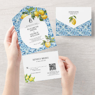 Invitación Todo En Uno Boda de código Qr del monograma mediterráneo azul 