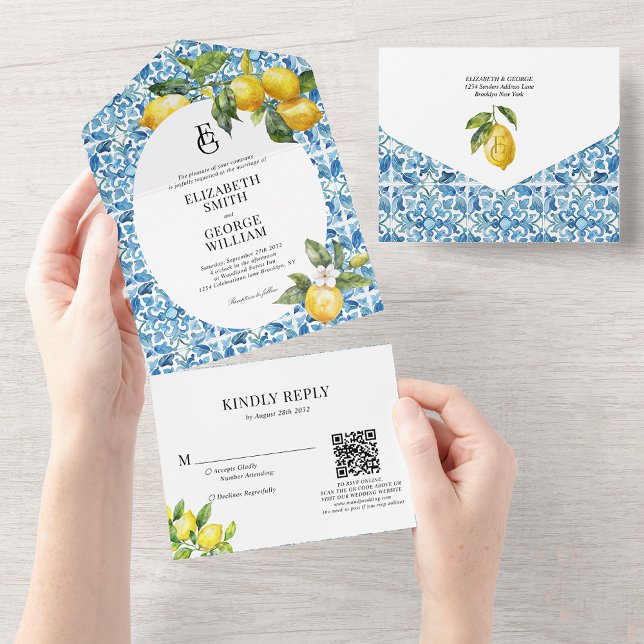 Invitación Todo En Uno Boda de código Qr del monograma mediterráneo azul  (Subido por el creador)
