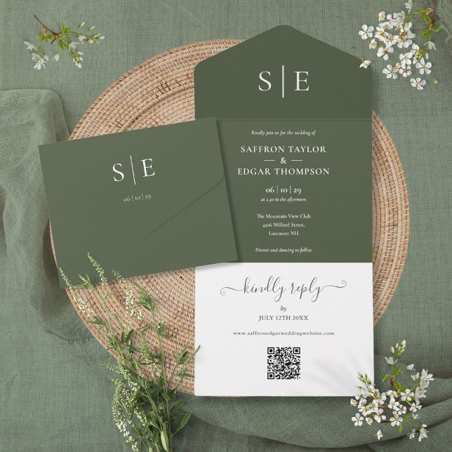 Invitación Todo En Uno Boda de código QR del monograma verde oliva (Olive Green Monogram QR Code Wedding All In One Invitation)