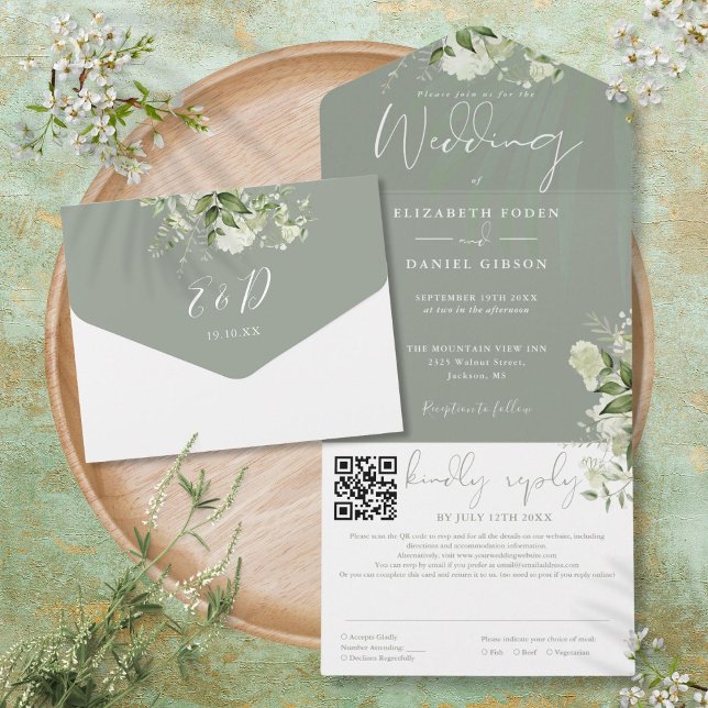 Invitación Todo En Uno Boda de código QR del monograma verde salado (Sage Green Floral Monogram QR Code Wedding All In One Invitation)
