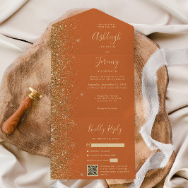 Invitación Todo En Uno Boda de código QR del Purpurina de oro del Naranja