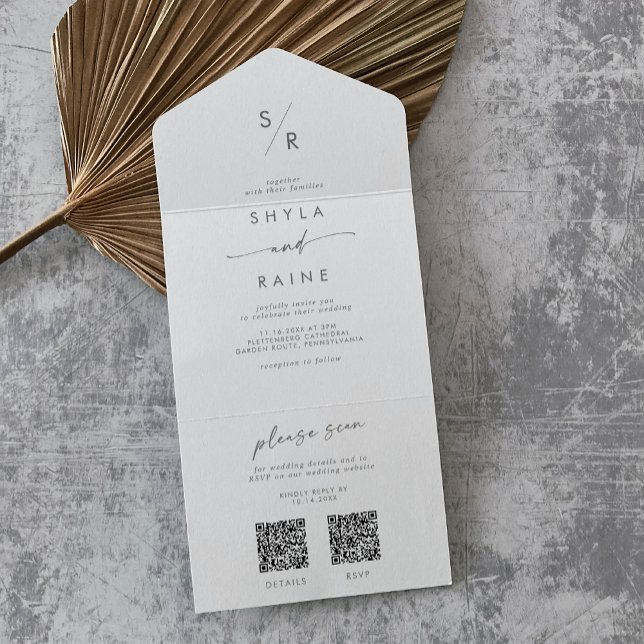 Invitación Todo En Uno Boda de código QR doble gris de Moda de Boho (Subido por el creador)