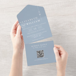 Invitación Todo En Uno Boda de código QR en monograma Minimalista azul tu