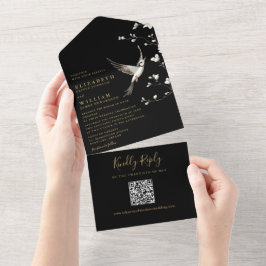 Invitación Todo En Uno Boda De Código QR Floral De Chinoiserie En Negro Y