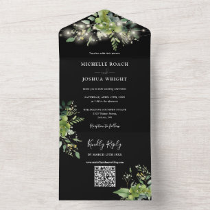 Invitación Todo En Uno Boda de código QR floral de iluminación de cadena