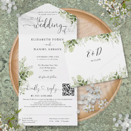 Invitación Todo En Uno Boda de código QR floral de vegetación con guión d