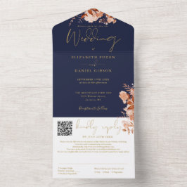 Invitación Todo En Uno Boda de código QR floral floral azul marino y dora