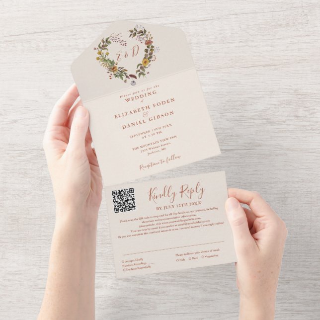 Invitación Todo En Uno Boda de código QR floral floral de otoño (desgarro)
