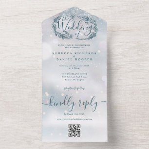 Invitación Todo En Uno Boda de código QR floral floral rústica de copo de