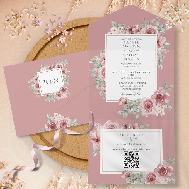 Invitación Todo En Uno Boda de código QR floral rosa polvoriento (Dusty Rose Floral QR Code Wedding All In One Invitation)