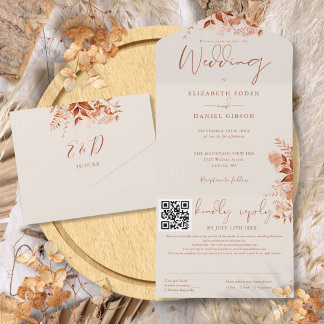 Invitación Todo En Uno Boda de código QR floral rústico de otoño