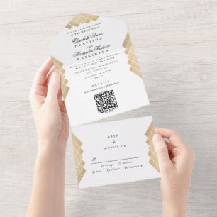 Invitación Todo En Uno Boda de código QR geométrico de pirámide de oro tr