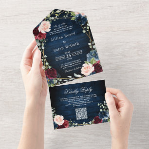 Invitación Todo En Uno Boda de código QR geométrico de Rubor de la Marina
