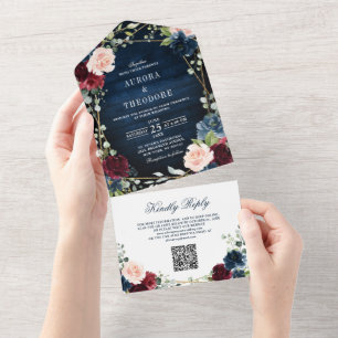 Invitación Todo En Uno Boda de código QR geométrico de Rubor de la Marina