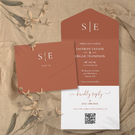 Invitación Todo En Uno Boda de código QR minimalista con monograma de ter