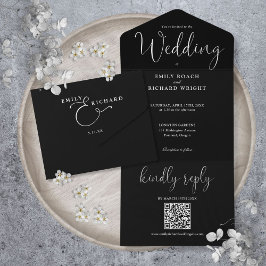 Invitación Todo En Uno Boda de código QR Minimalista moderno negro y blan