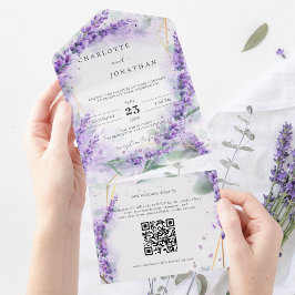 Invitación Todo En Uno Boda de código QR moderno de lavanda dura Foliage