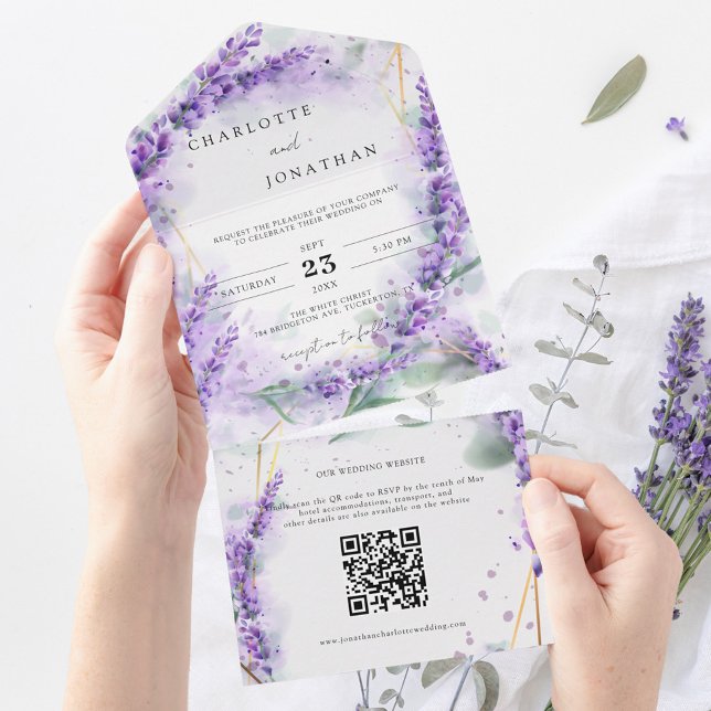 Invitación Todo En Uno Boda de código QR moderno de lavanda dura Foliage (Subido por el creador)