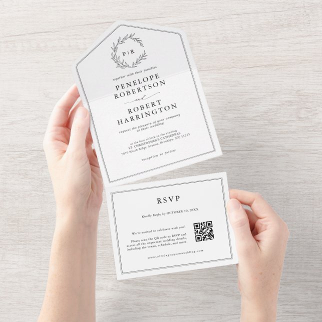 Invitación Todo En Uno Boda de código QR moderno en blanco y negro minima (desgarro)