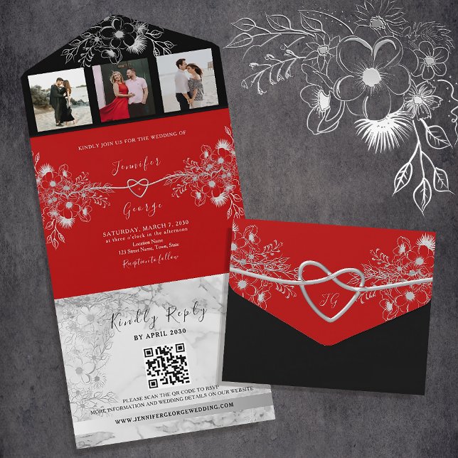 Invitación Todo En Uno Boda de código QR moderno negro y rojo (Subido por el creador)
