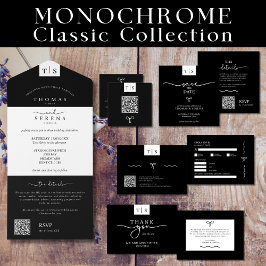 Invitación Todo En Uno Boda de código QR monocromo blanco negro moderno